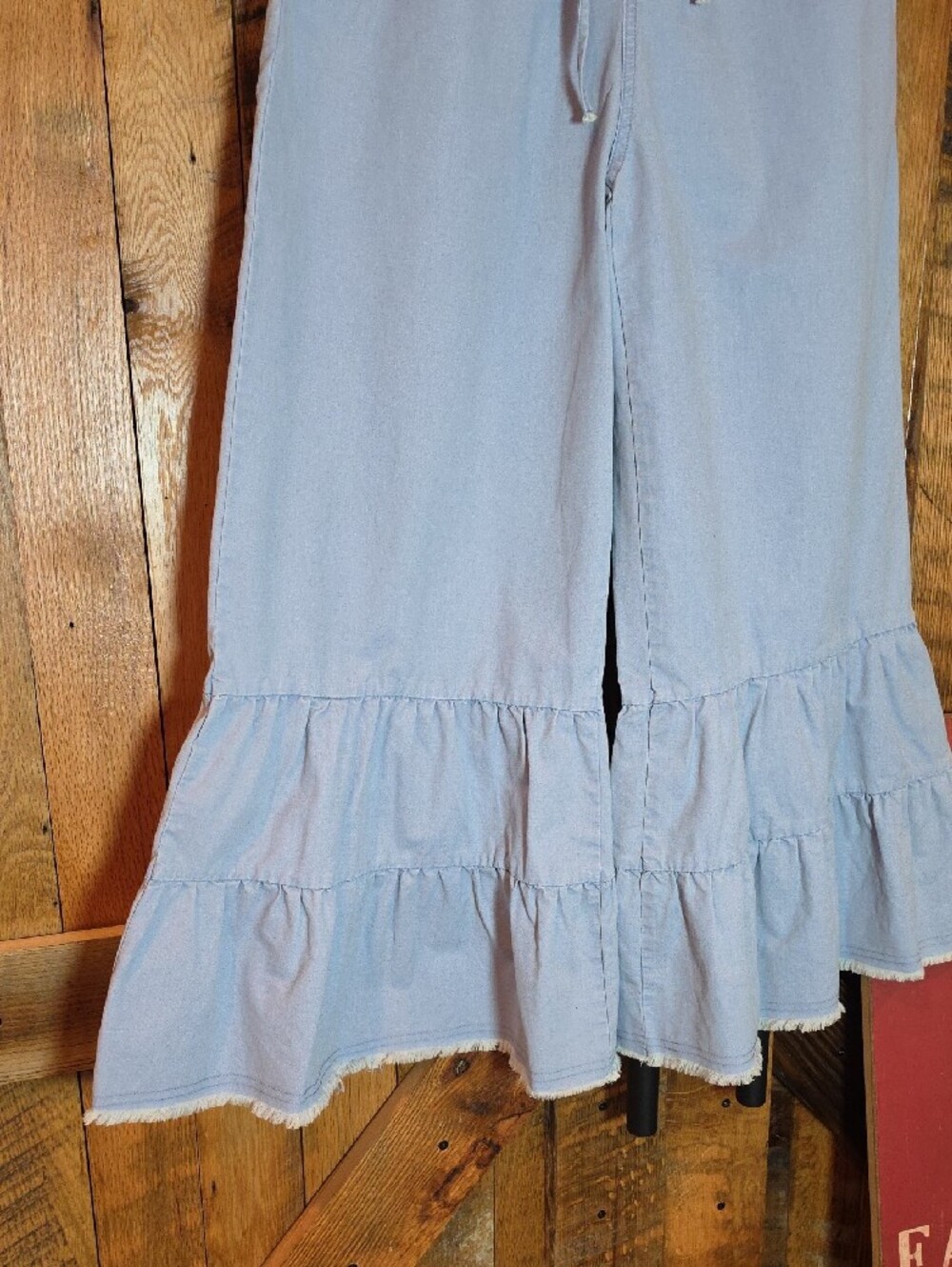 203p Sewn And Seen Tiered Ruffle-Hem Wide Leg Pants in Light Blue - Picture 6 of 12